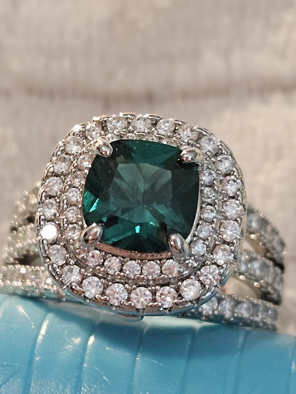 Emerald Green Cushion Halo Cocktail Ring - Costume Jewelry